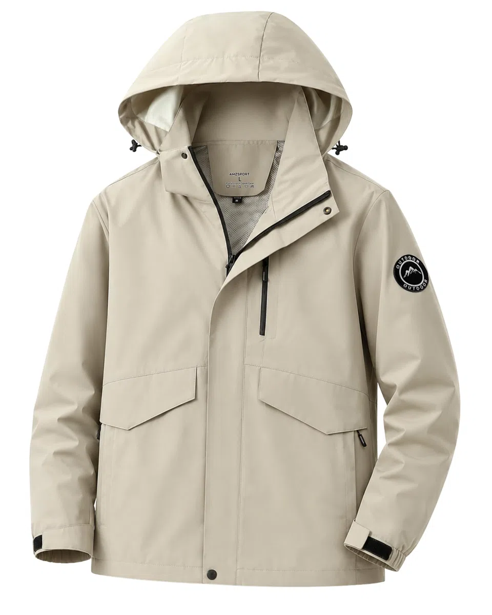 AMZSPORT Uomo Antipioggia Impermeabile Antivento con Cappuccio Leggera e Comprimibile Traspirante per Escursionismo,Corsa,Viaggi,Trekking