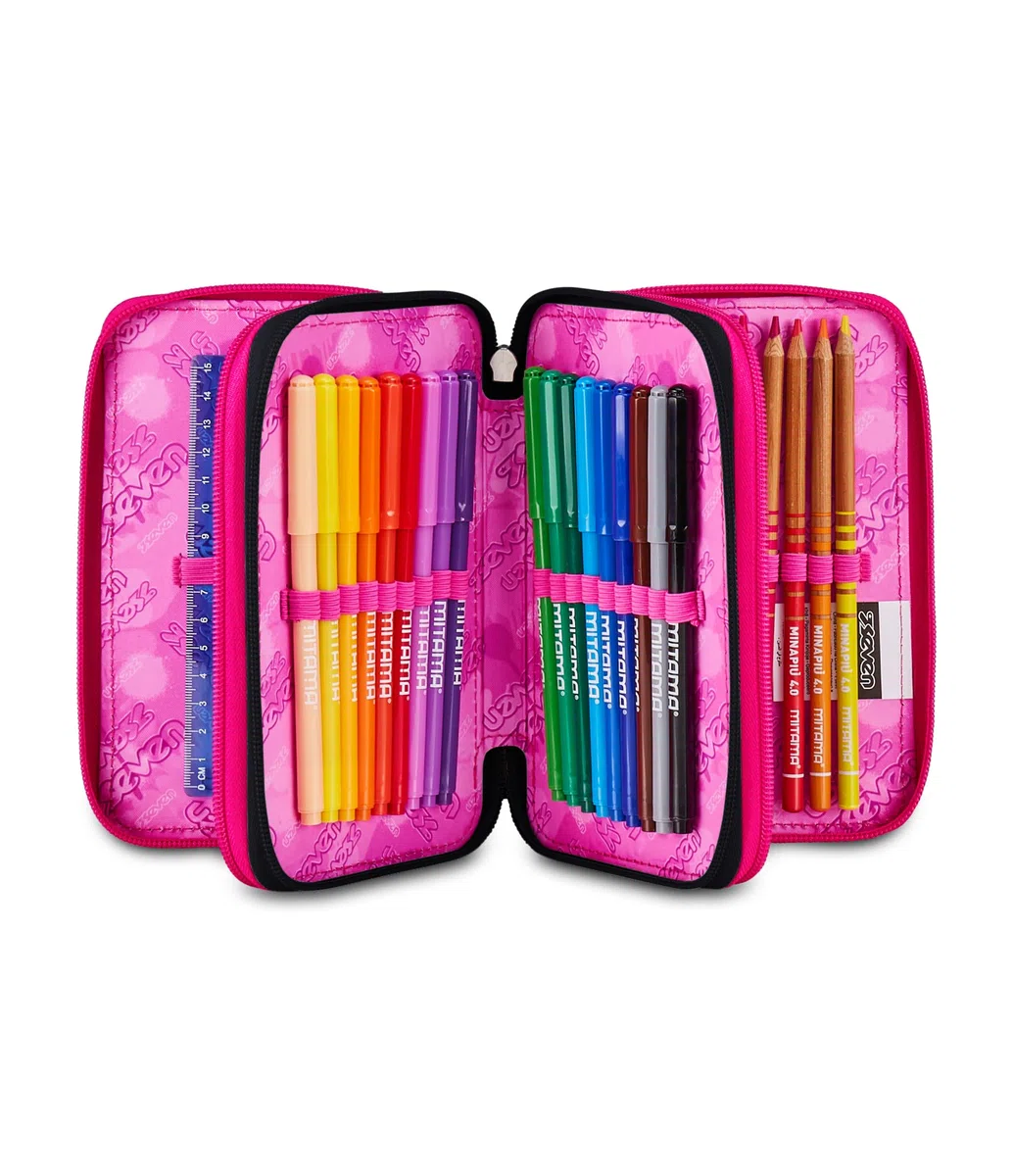 Seven Astuccio Scuola Elementare, 3 scomparti, Medie, con Matite, Pennarelli, Penne, 3 Zip, Starnova, Bambina e Ragazza, nero/fucsia