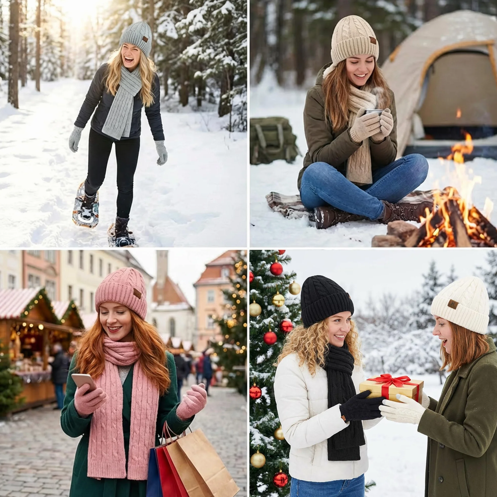 ZASFOU Donna Cappello Invernale Sciarpa Guanti Touch Screen Set Caldo Pile Foderati in Maglia Berretto Cappelli Sciarpe Lunghe Guanto Regalo per Donna Compleanno Natale