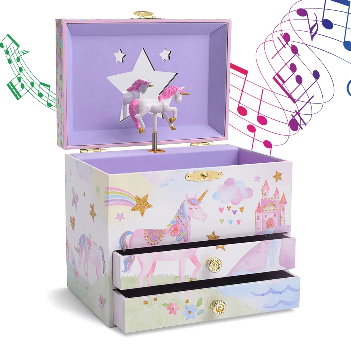 Jewelkeeper Carillon Portagioie Bambina - Porta Gioie con Unicorno, Specchio Stella, 2 Cassetti - Design con Paillettes, Dettagli Incantevoli per Conservare Gioielli e Ricordi