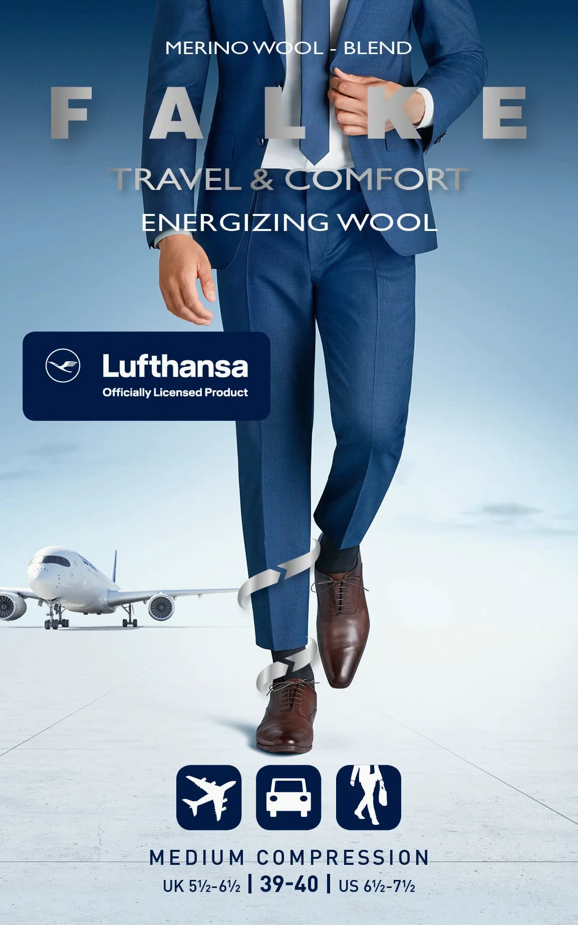 FALKE Lufthansa Travel & Comfort uomo Energizing Wool calzini lunghi traspiranti termoregolanti antiodore lana vergine cotone sottili caldi compressione forte migliore circolazione sanguigna 1 paio