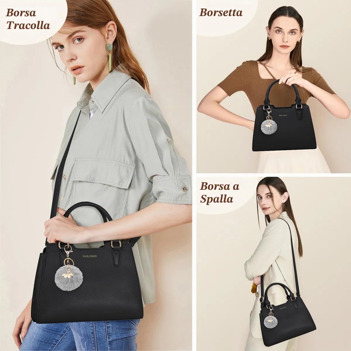 IGOLUMON Borsa Donna Borse in Pelle Borsa Mano Donna Grande Lavoro Tote Bag Università Tracolla Borsetta Tracolla Media Borsette a Spalla Firmate in Saldo Nero