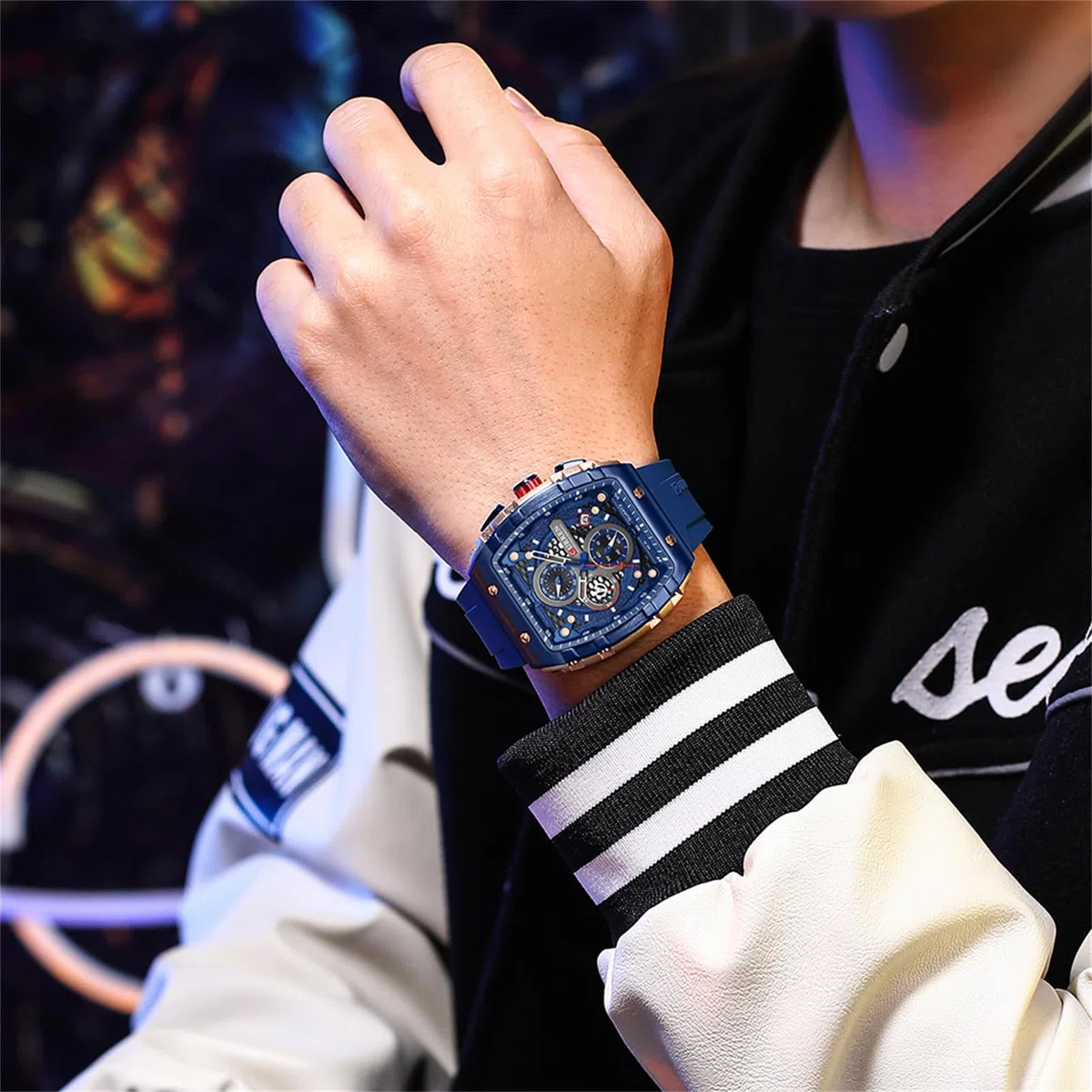 FORSINING Orologio da polso da uomo, analogico, al quarzo, alla moda, rettangolare, grande quadrante, cinturino in silicone, impermeabile, orologio militare con calendario e data