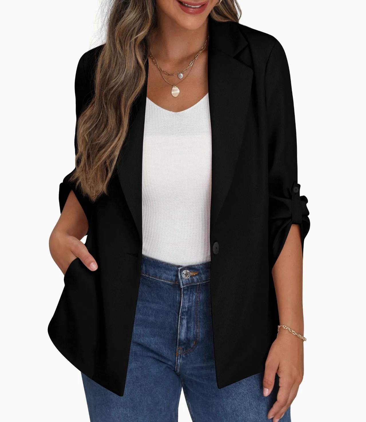 PrinStory Blazer da Donna Aperto sul Davanti, Cardigan con Maniche Regolabili, Giacca Blazer con Tasche con Bottoni