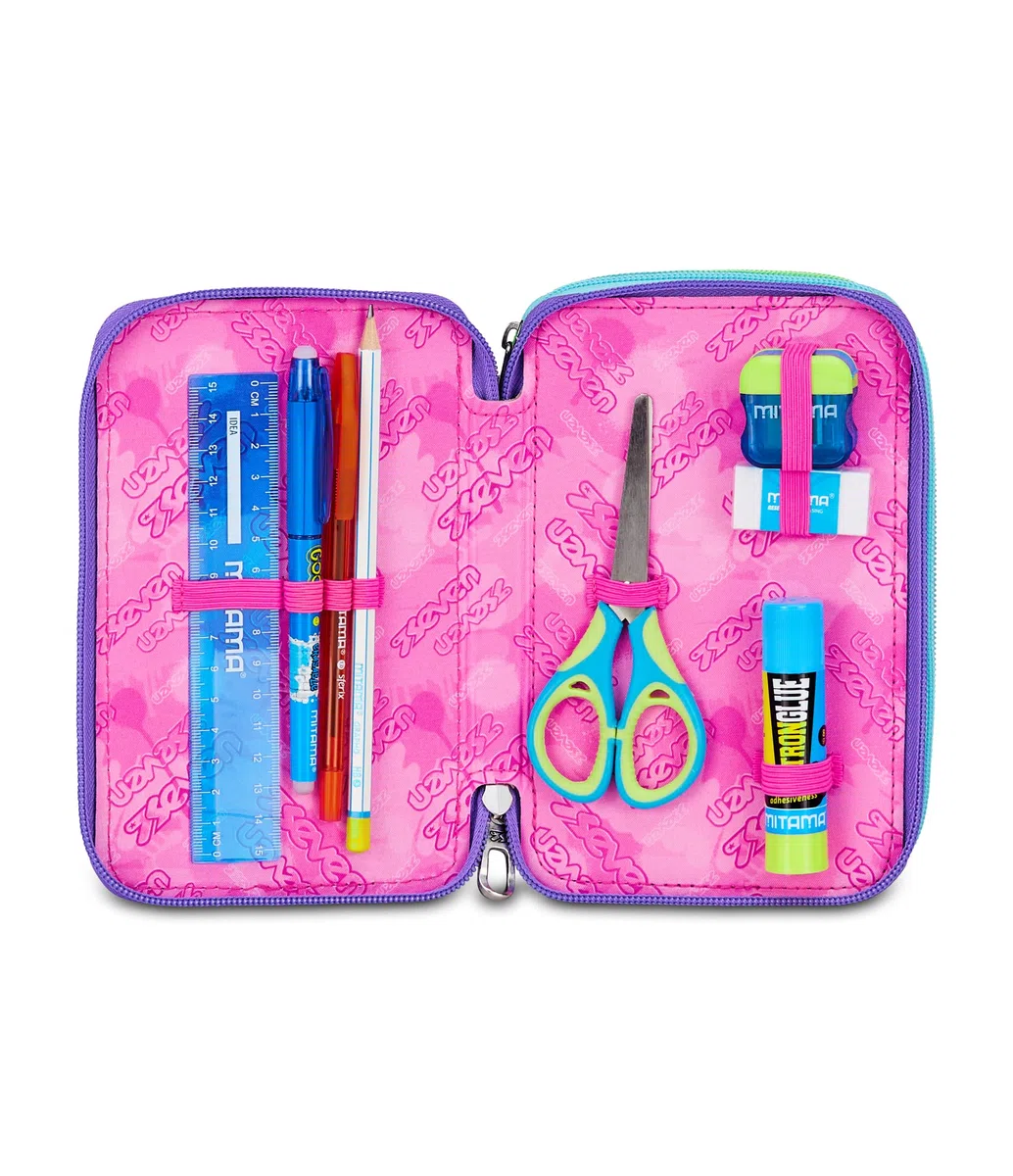 Seven Astuccio Scuola Elementare, 3 scomparti, Medie, con Matite, Pennarelli, Penne, 3 Zip, Sprinkling, Bambina e Ragazza, blu/viola