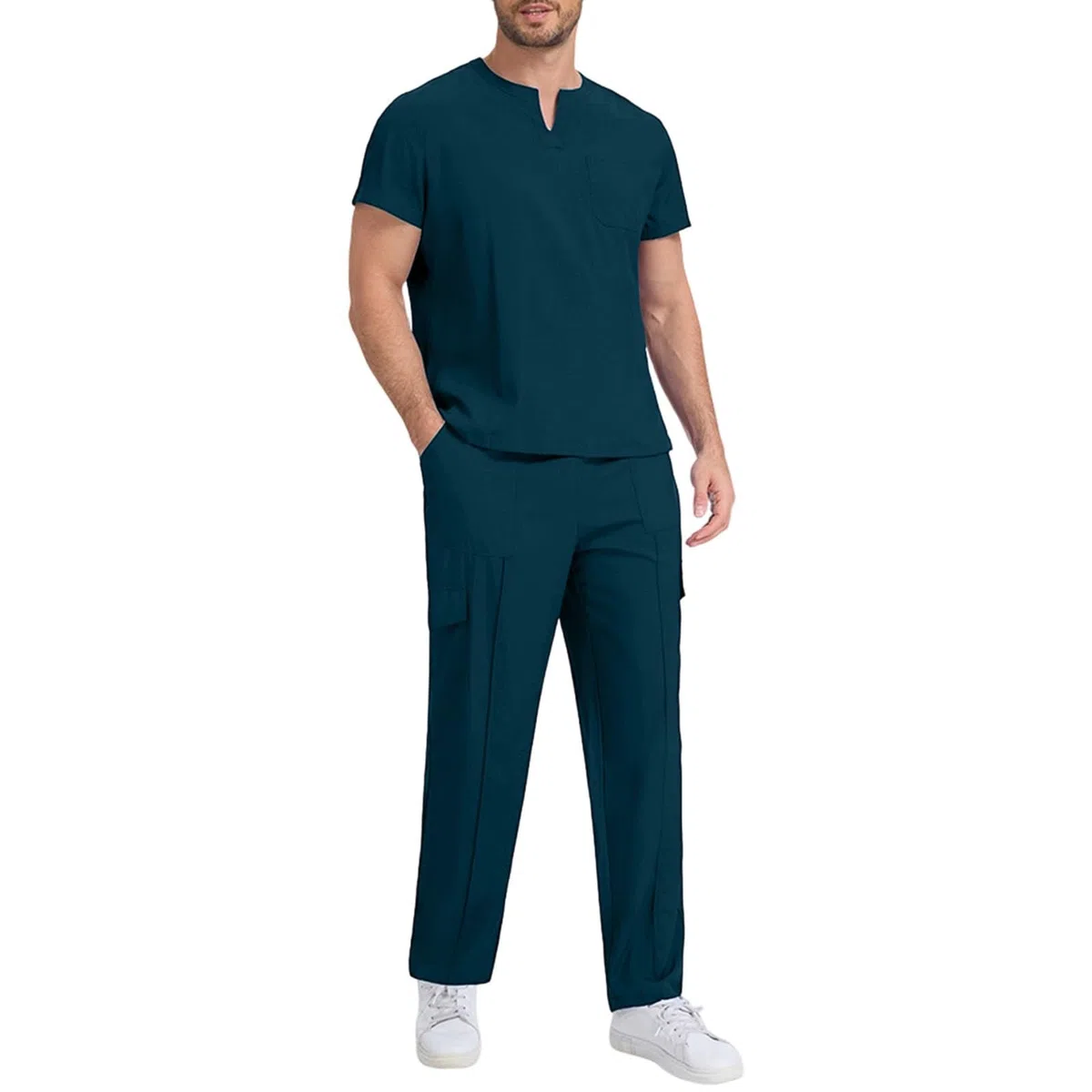 HAOLEI Divisa Infermiere Uomo Divisa Sanitaria Set con Casacca e Pantalone Sanitaria Uniformi Infermiera Ospedaliere con Cordoncino Camice Medico Uomo Set Uniforme Maglia Frontale & Pantaloni