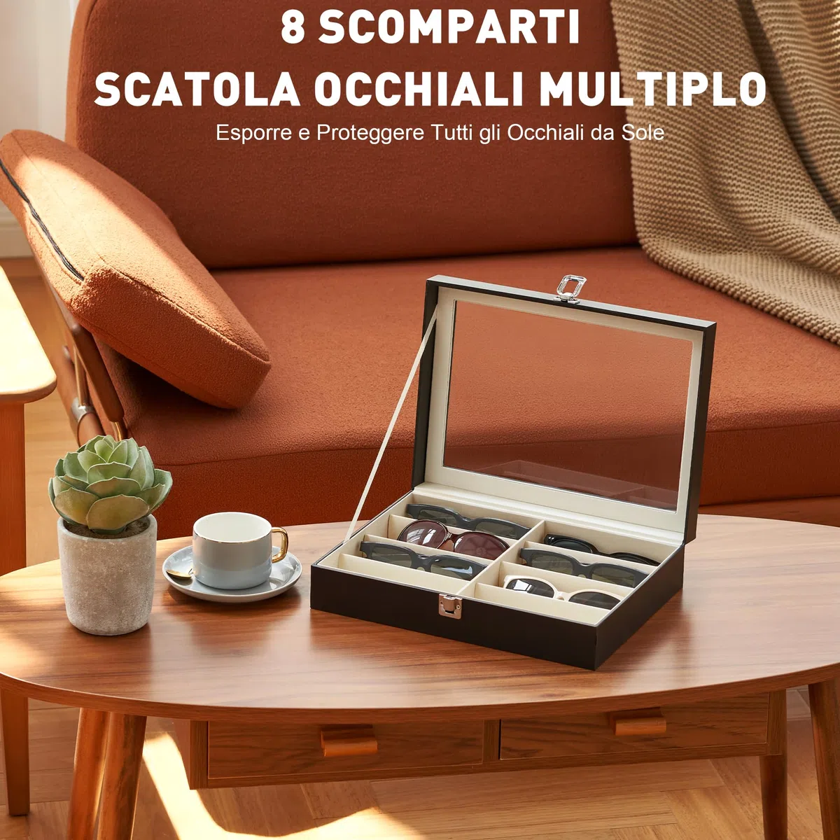 CO-Z Scatola per Occhiali da Sole in Pelle Cassettiera per Conservare e Montare Occhiali/Orologi/Gioielli/Occhiali Scatola Portaoggetti 8 Scomparti (Nero)