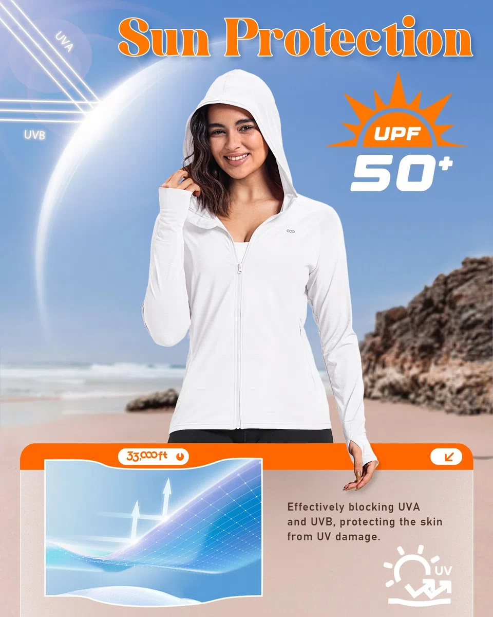 33,000ft Giacca da corsa leggera da donna, UPF 50+, con cappuccio Full Zip, con foro per il pollice, traspirante, con 4 tasche, per corsa, fitness