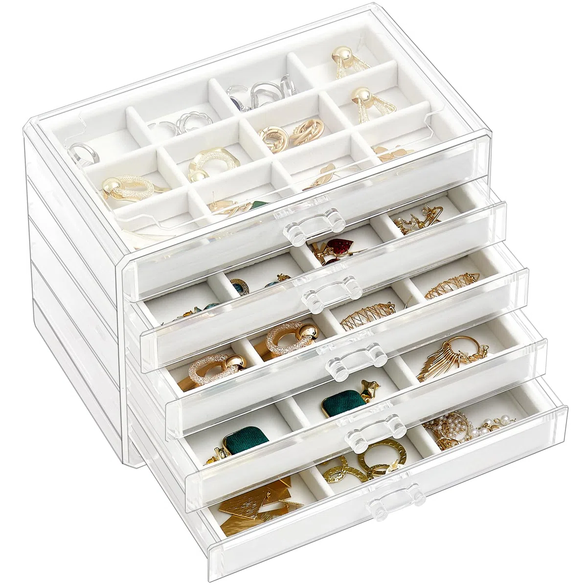 ProCase Organizer per gioielli in acrilico, trasparente per gioielli, con 5 cassetti, orecchini, collane, anelli, organizer per la casa -Bianco caldo