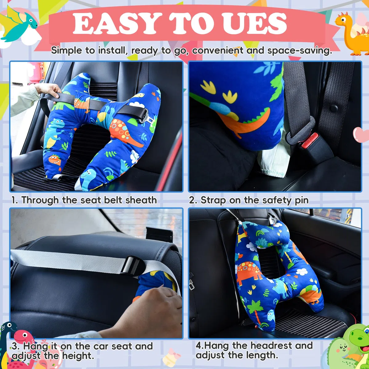 Cuscino Auto Bambini, Cuscino Auto per Bambini a Forma di H, Cuscino da Viaggio per Bambini in Auto, Lavabile, Regolabile e Traspirante, per I Lunghi Viaggi in Auto (Dinosauro)