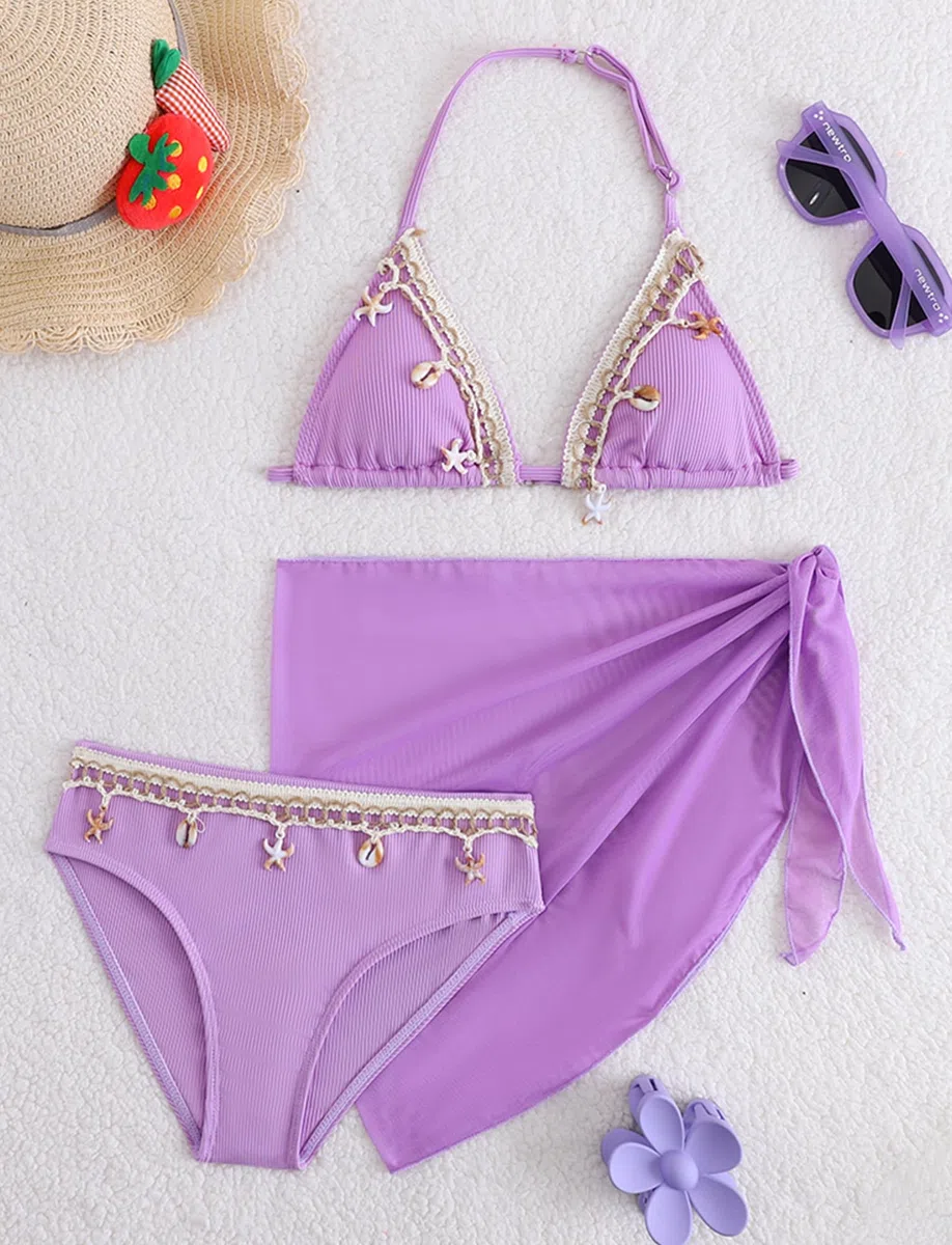 SEAUR Ragazza Set Bikini con Gonna a Maglia 3 Pezzi Costume da Bagno Moda Shell Halter Bikini Set Bambino Estate Spiaggia Piscina 8-12 Anni