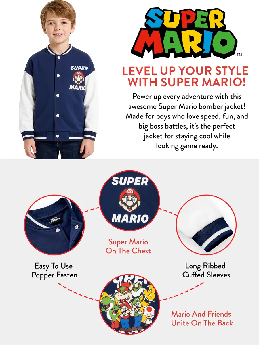 Super Mario Giacca bomber Mario, Luigi, Bowser e Yoshi, giacca per ragazzi, giacche Varsity, età da 5 a 13 anni