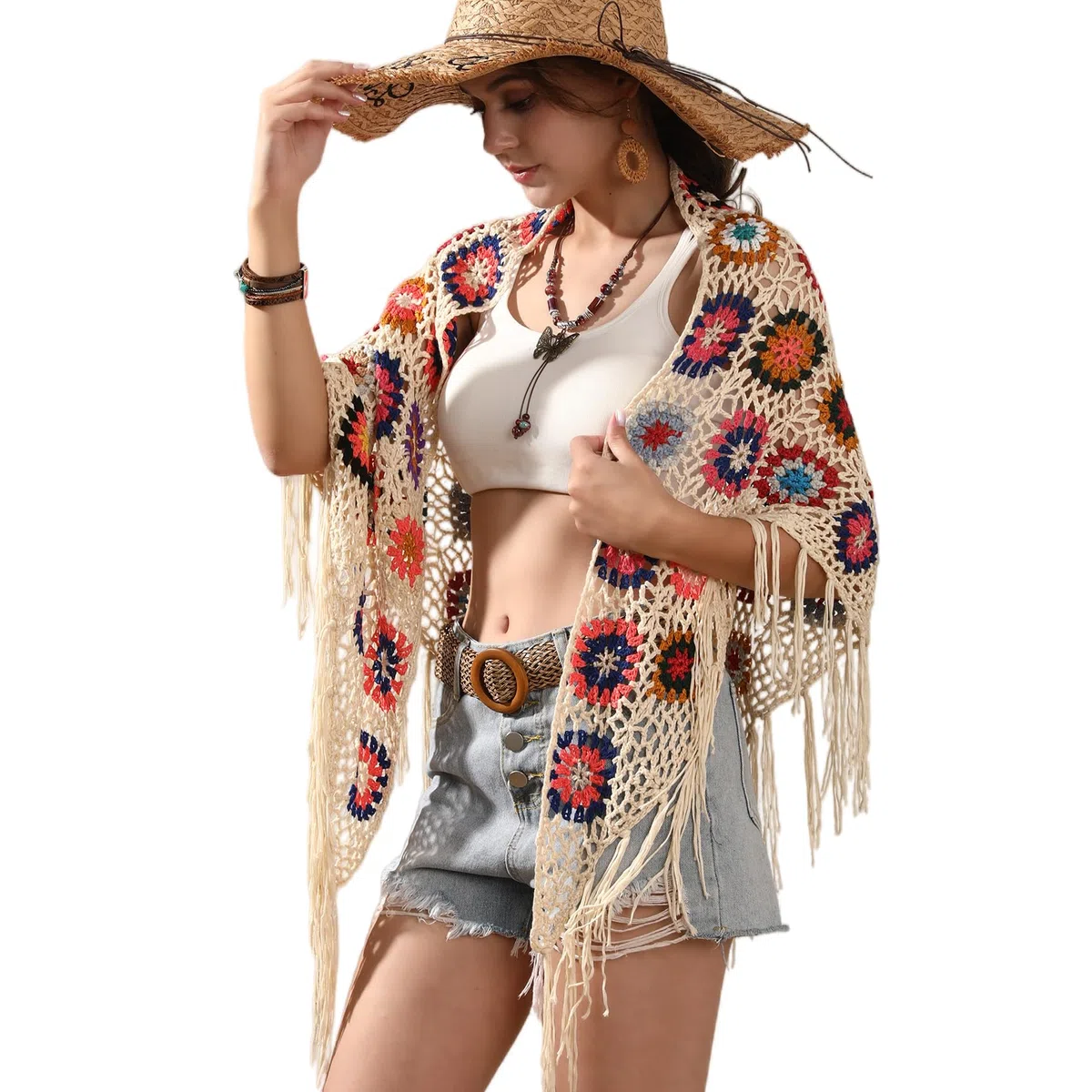 Poncho fatto a mano all'uncinetto con frange mantello scialli avvolge nonna quadrato donna cappotto maglione