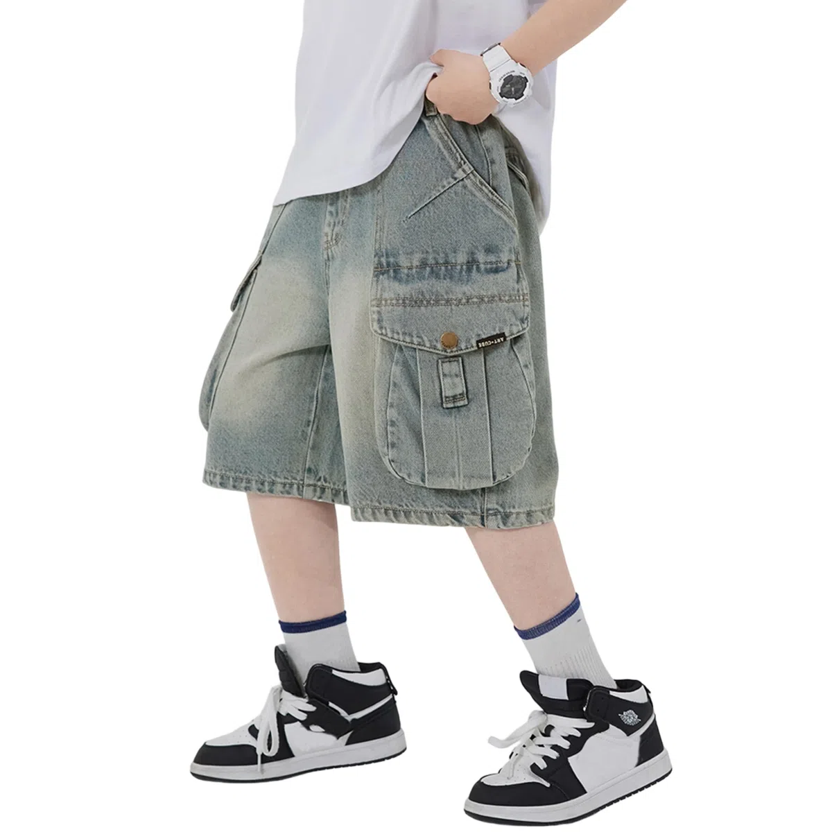 Rolanko Pantaloncini di Jeans Larghi per Ragazzi, Vita Elastica Gambe Larghe Shorts Denim Estivi al Ginocchio