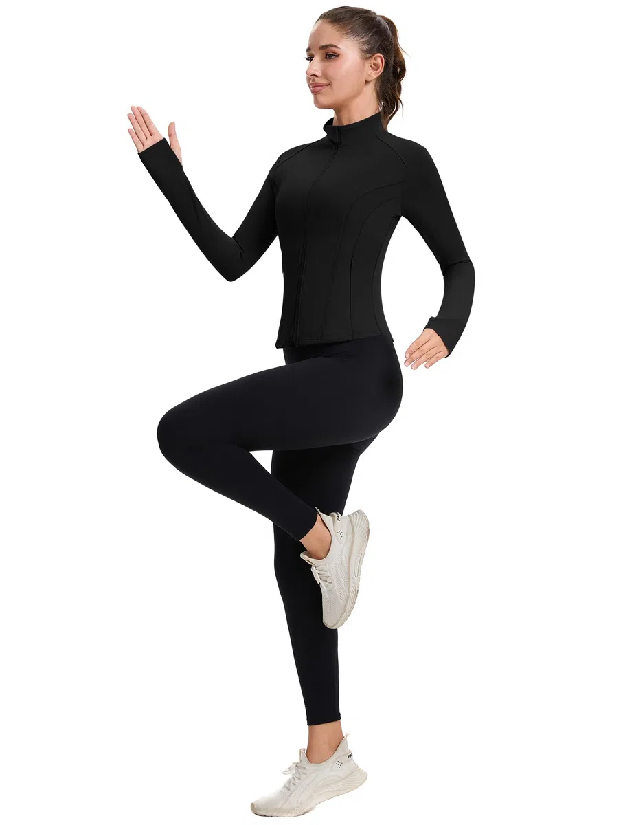 IECCP Camicie da palestra da donna Giacche sportive da corsa a maniche lunghe per allenamento fitness traspirante Activewear t-shirt leggera traspirante top da yoga con foro per il pollice e tasche