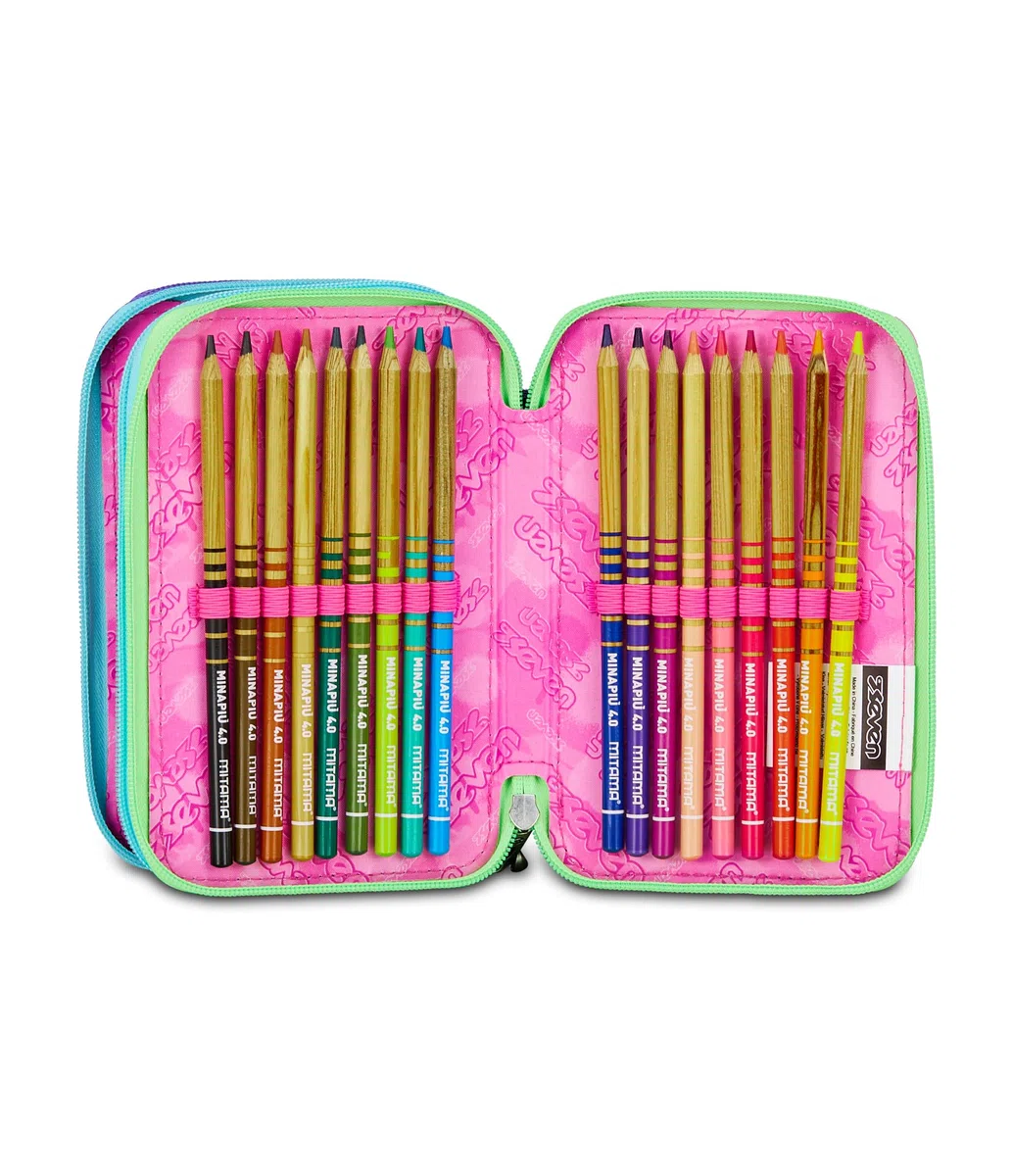 Seven Astuccio Scuola Elementare, 3 scomparti, Medie, con Matite, Pennarelli, Penne, 3 Zip, Sprinkling, Bambina e Ragazza, blu/viola