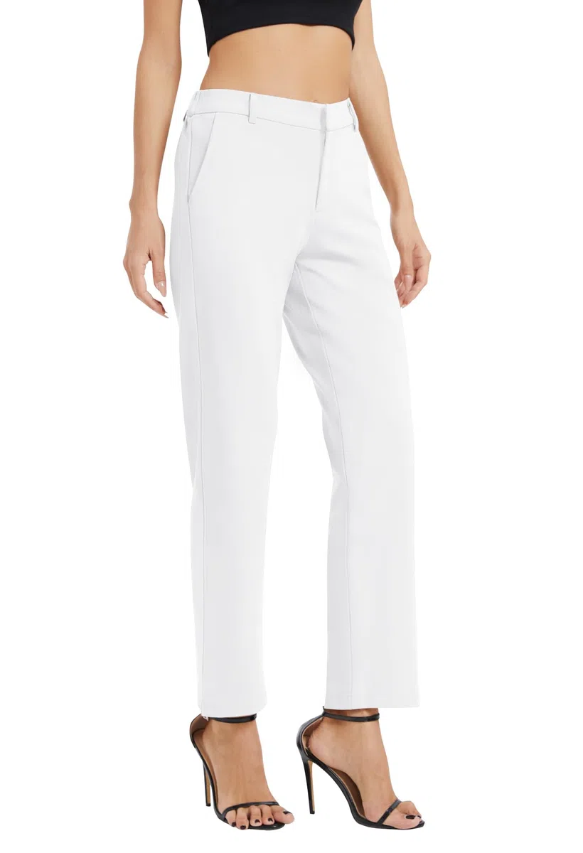 EXCHIC Donne Business Gamba Dritta Elastico Vita Lavoro Pantaloni Casual Comodo Bootcut Pantaloni con Tasche