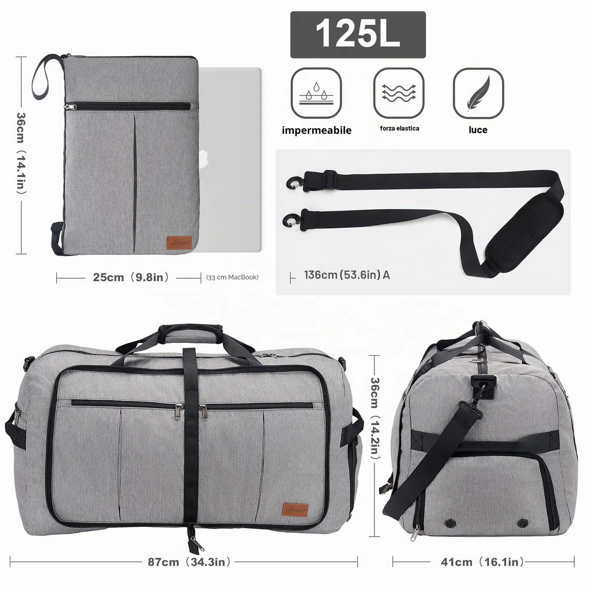 Upeelife Borsone da Viaggio, 125L Borsa da Viaggio Pieghevole Uomo Donna, Borsone Palestra Sportivo Impermeabile con Scomparto per Scarpe e Tasca Bagnata