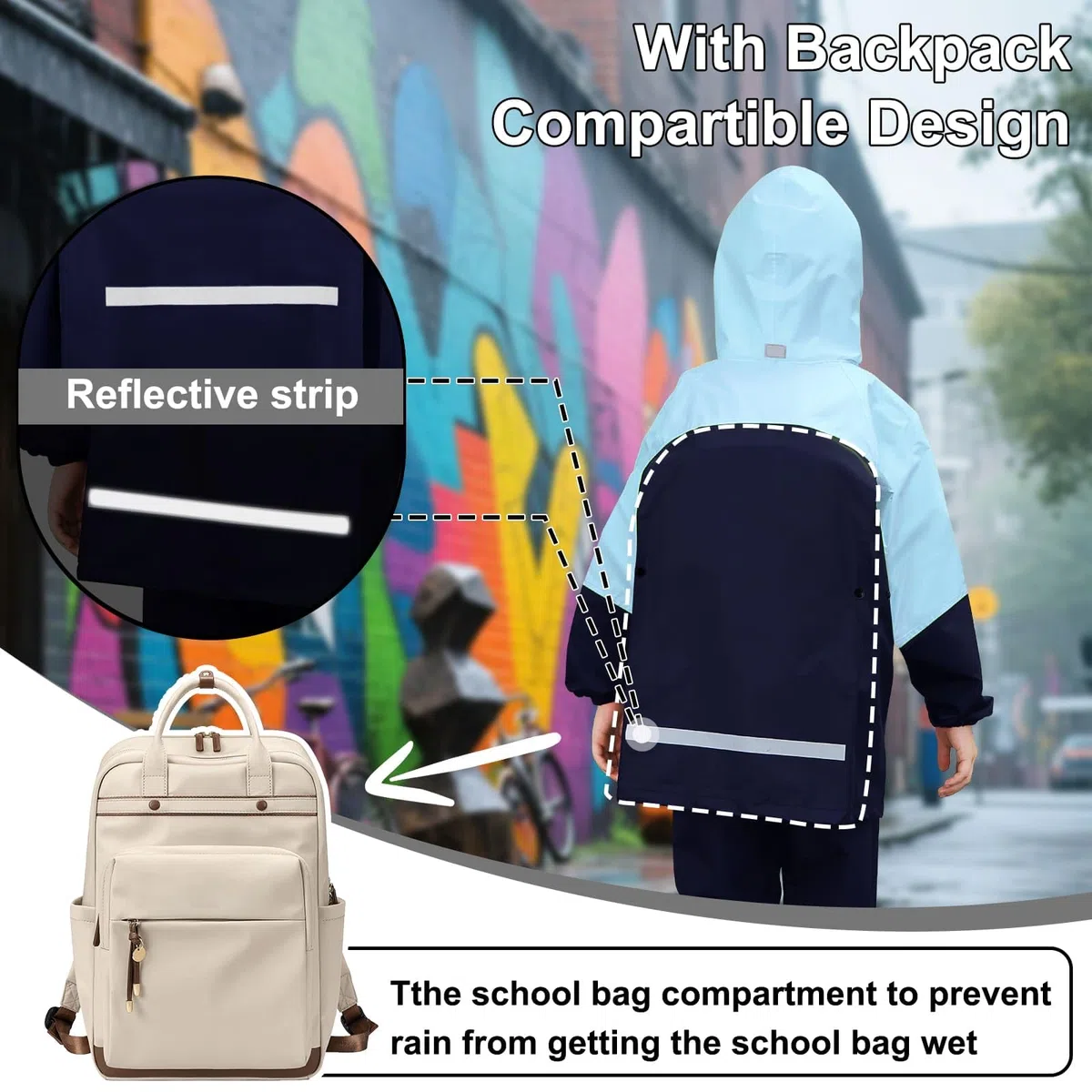 JinBei Tuta Impermeabile Ragazze Ragazzi, Leggero Tuta Pioggia con Cappuccio Bambina Pantaloni e Giacca Antipioggia Impermeabili Completo con Strisce Riflettenti per Scuola Camping 8-14 Anni