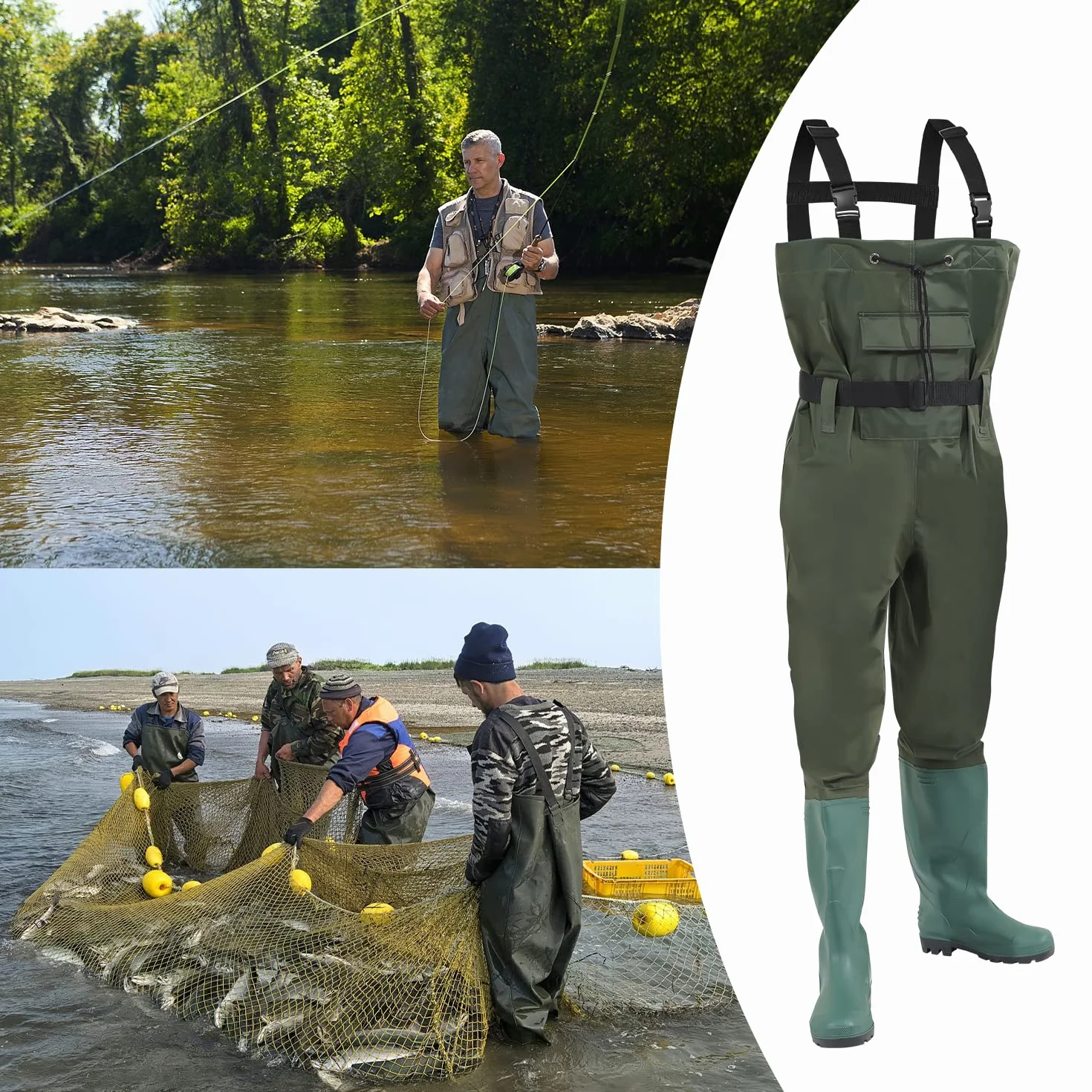 Wathose Uomo Impermeabile 70D Nylon Composite PVC Pantaloni da Pesca Pantaloni da Pesca con Stivali, Wathose Uomo Donna per cantieri, pesca, fattorie, giardini