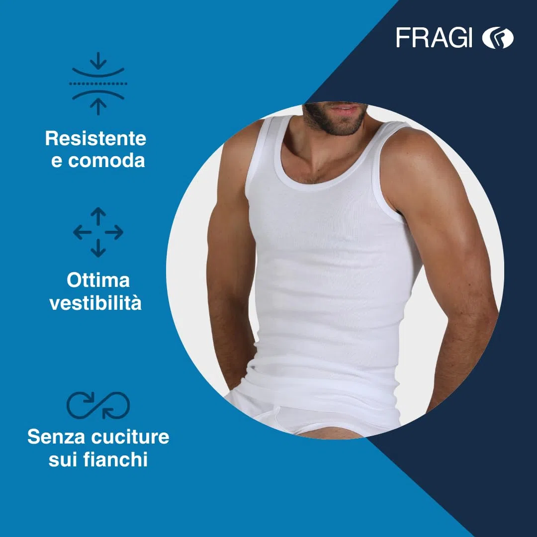 Fragi Canotta Uomo in Puro Cotone, Canottiera Intima con Spalla Larga in Tessuto Elastico Senza Cuciture Seamless, Made in Italy