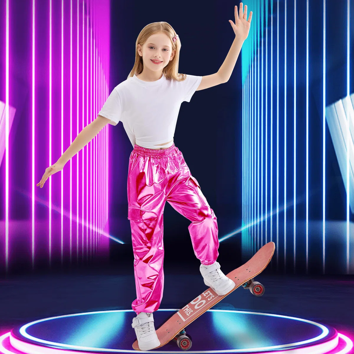 Rolanko Ragazze Pantaloni Cargo Metallizzati, Hip Hop da Ballo Streetwear con Vita Elastica per Bambini