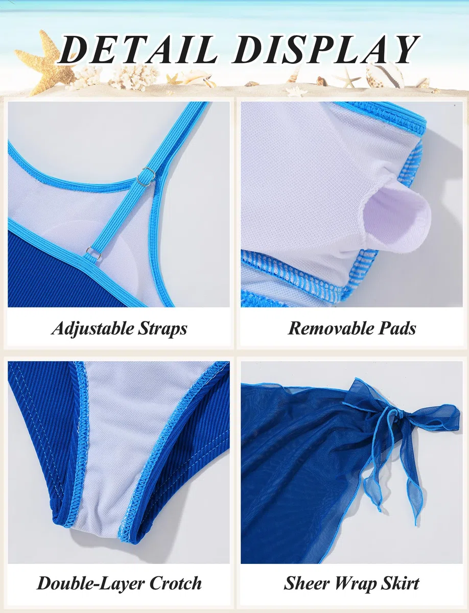 Set Bikini 3 Pezzi Costume da Bagno con Spalline Spaghetti Gerippt Set da Bagno Imbottito Tinta Unita 9-16 Anni