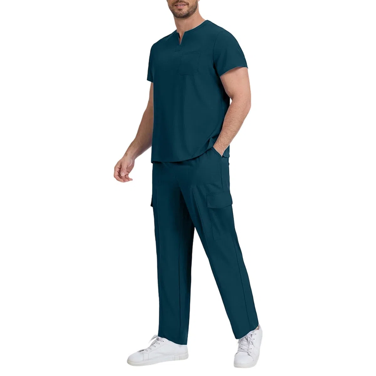 HAOLEI Divisa Infermiere Uomo Divisa Sanitaria Set con Casacca e Pantalone Sanitaria Uniformi Infermiera Ospedaliere con Cordoncino Camice Medico Uomo Set Uniforme Maglia Frontale & Pantaloni
