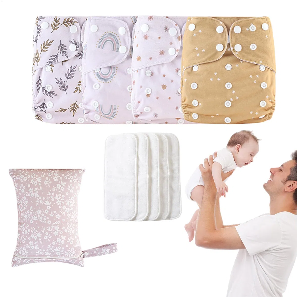 Pannolini riutilizzabili per, pannolini lavabili per, pannolini per bambini riutilizzabili regolabili, 4 fodere assorbenti e traspiranti, copertura impermeabile con 4 inserti e 1 borsa