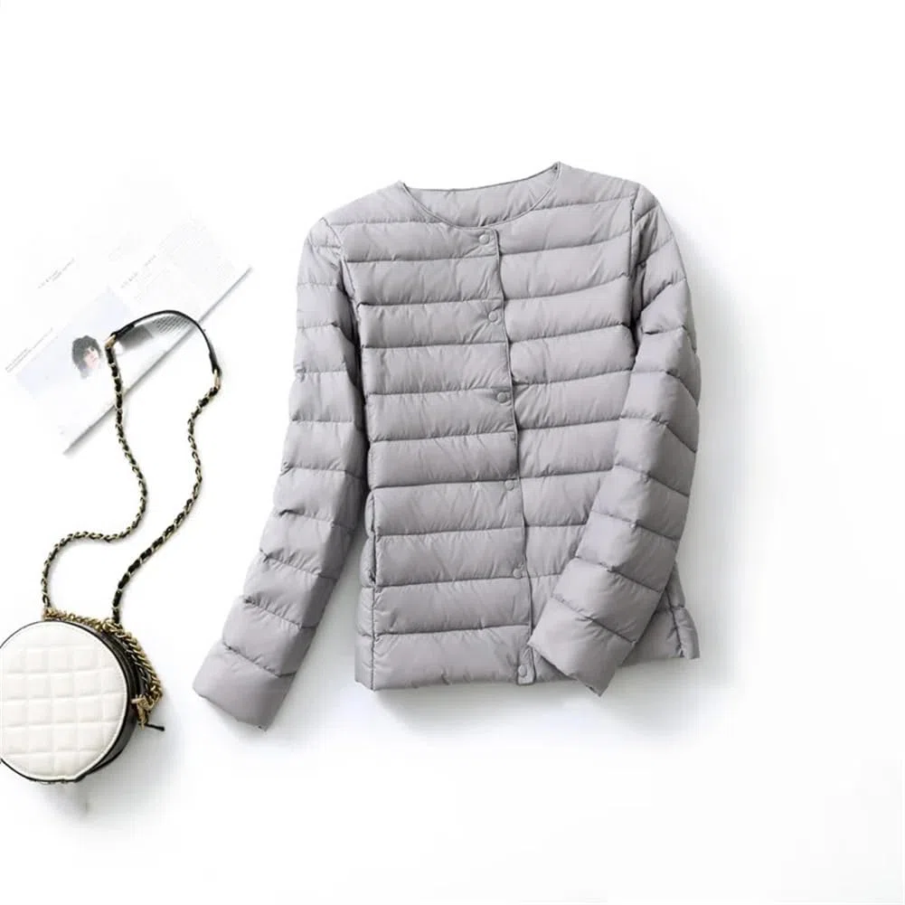 Piumino da donna ultra leggero tinta unita girocollo parka cappotto con bottoni sul davanti