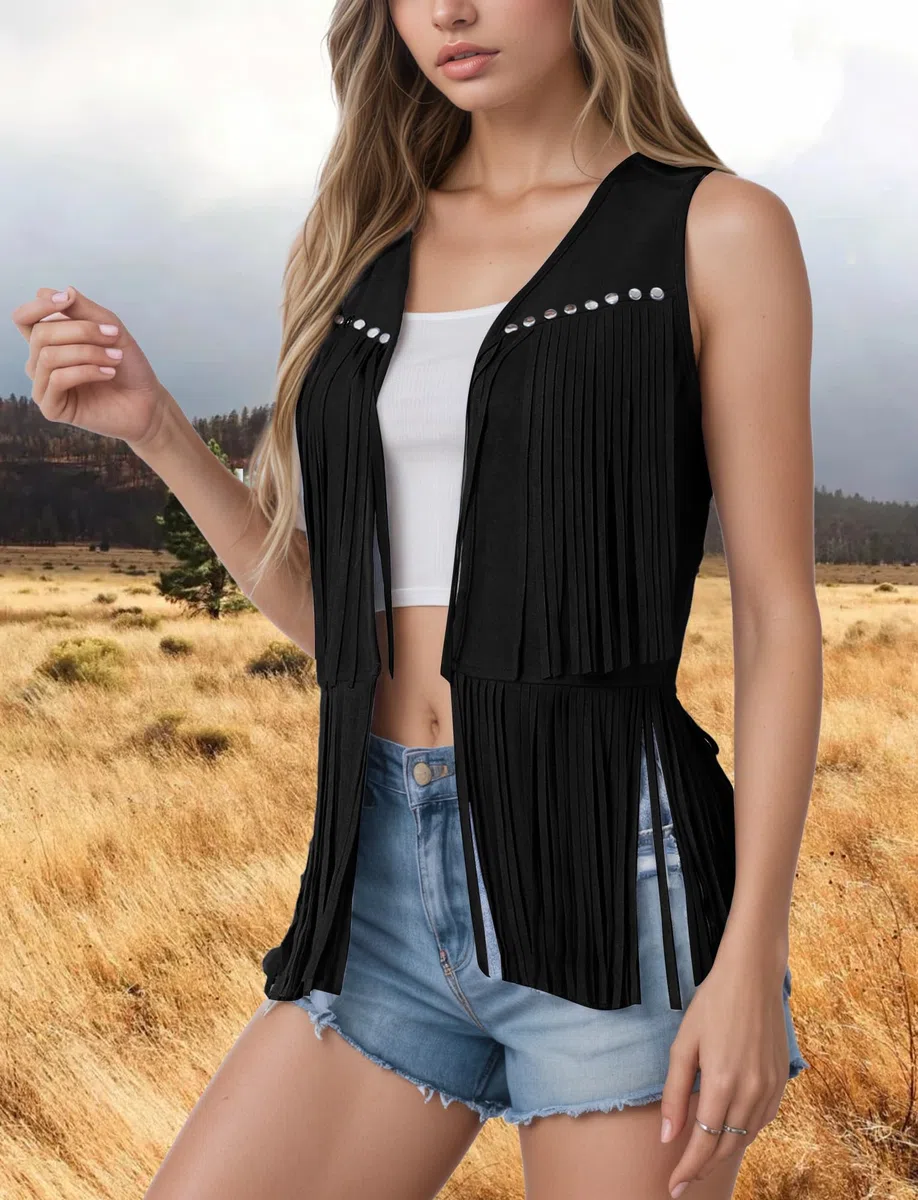 Maeau - Gilet Donna Senza Maniche Faux Camoscio con Franges Casual Giacca Senza Bottoni Stile Cowboy S-XXL