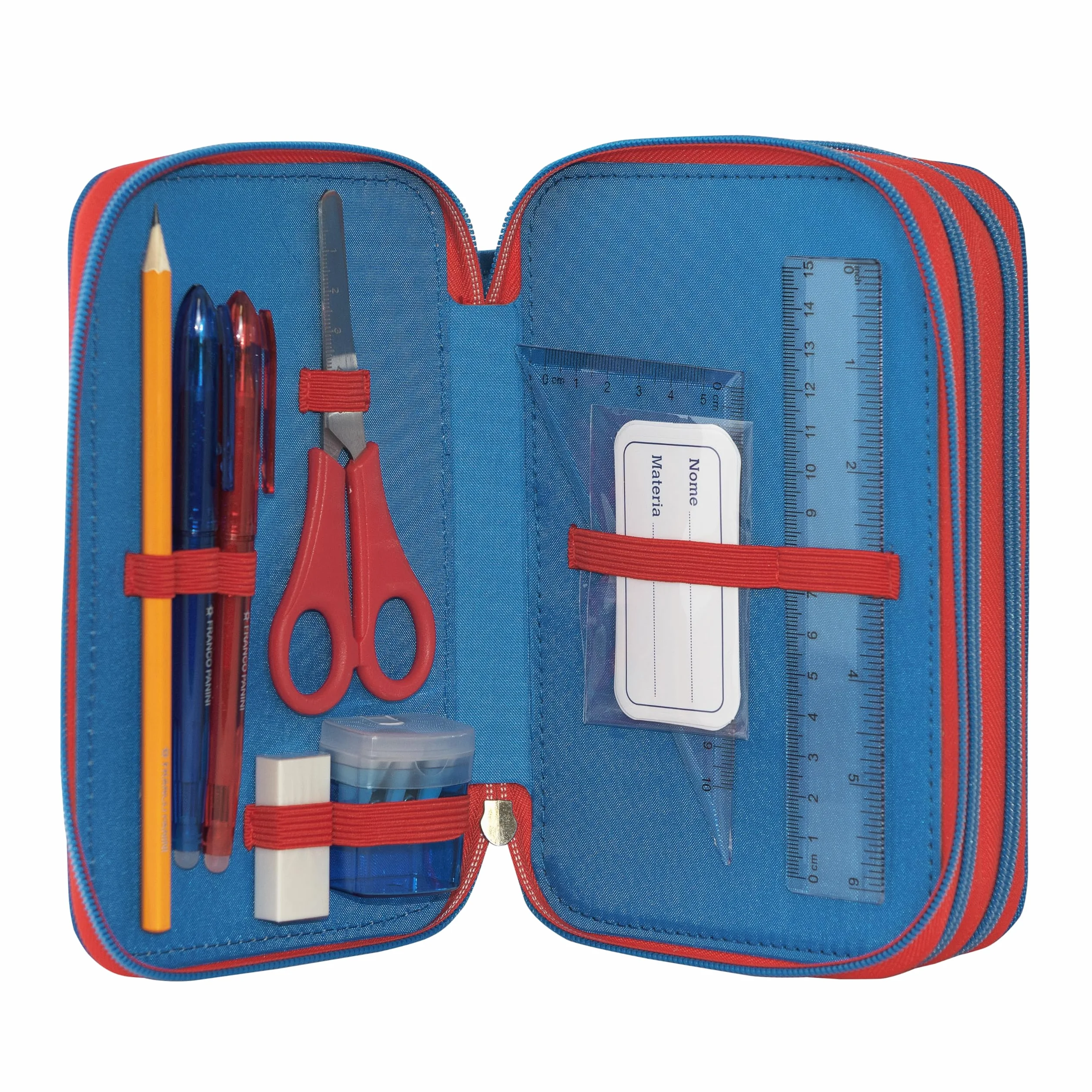 SUPER MARIO - Astuccio Scuola Ufficiale Super Mario, Astuccio 3 Scomparti Bambino e Bambina con Set Cancelleria, Penna Cancellabile Blu e Pratica Chiusura a Zip, 20x13Hx7 cm
