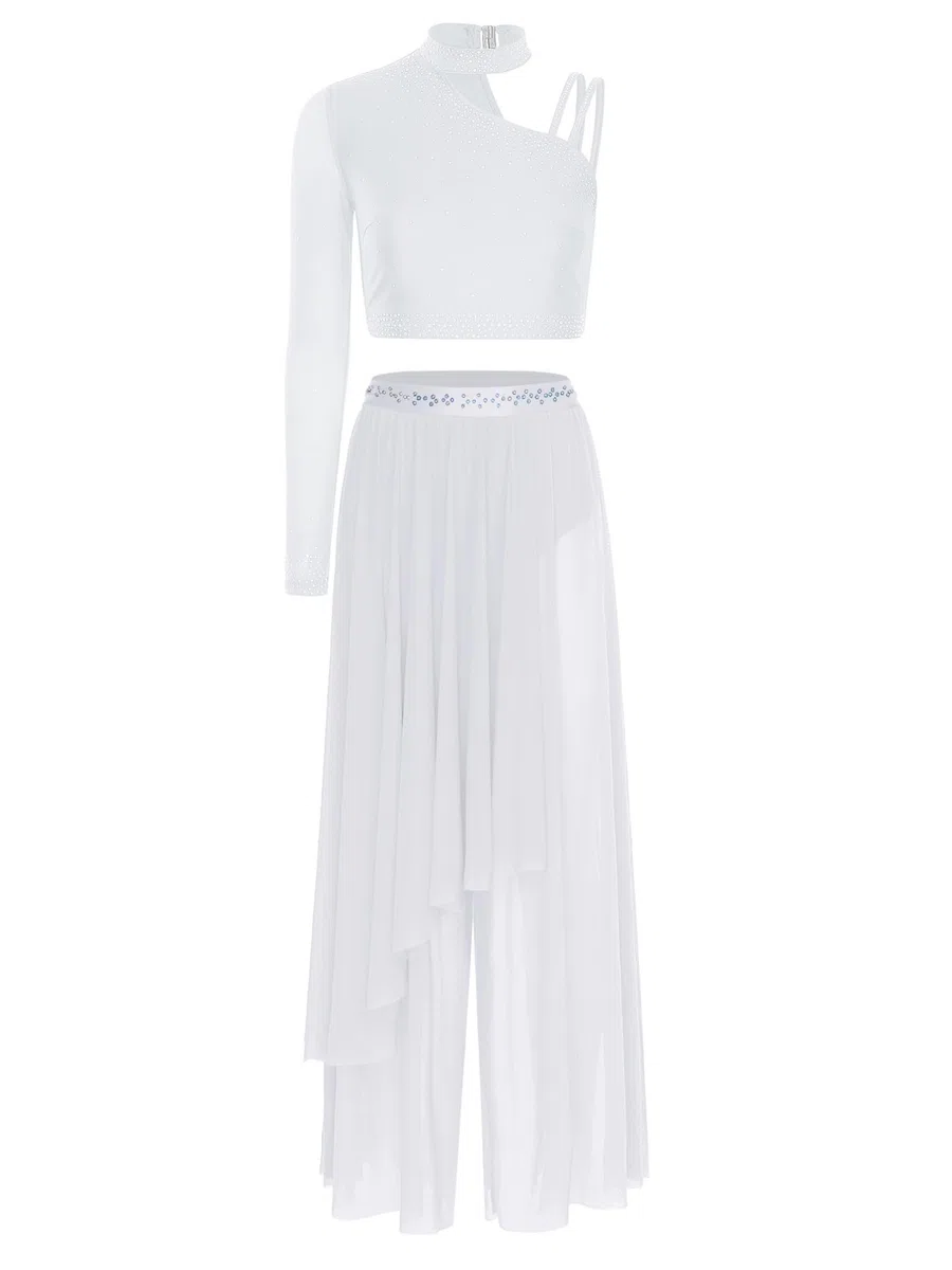 MSemis Vestito da Ballo Lirico Contemporaneo Donna Maxi Abito da Pattinaggio Artistico Crop Top da Ginnastica Monospalla + Pantaloni Larghi Costume Danza Classica Ballerina
