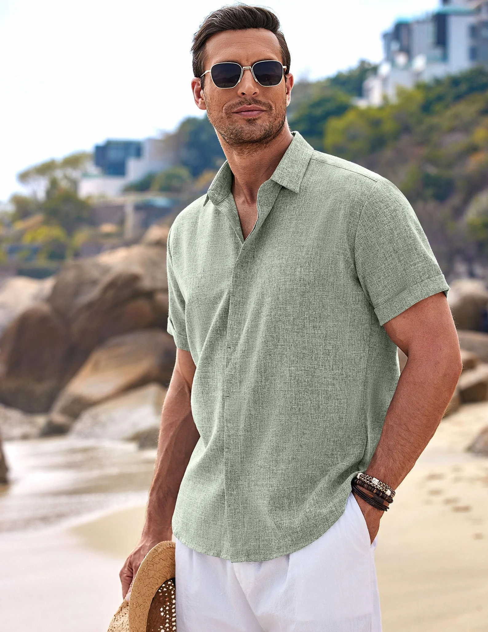 COOFANDY Camicia in Lino da Uomo Camicia a Maniche Corte abbottonata Camicie Casual vestibilità Regolare Camicia in Lino da Spiaggia Estiva