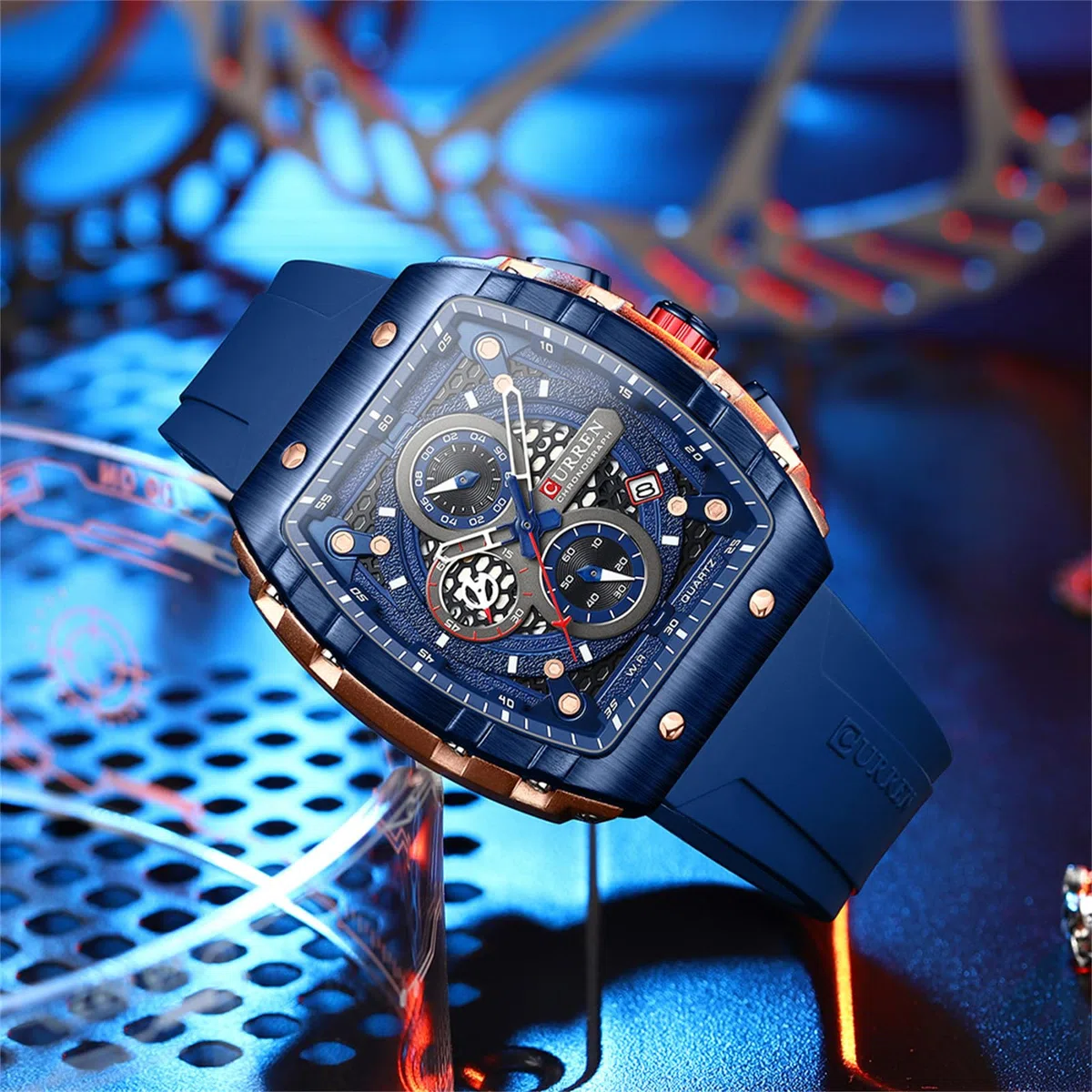 FORSINING Orologio da polso da uomo, analogico, al quarzo, alla moda, rettangolare, grande quadrante, cinturino in silicone, impermeabile, orologio militare con calendario e data