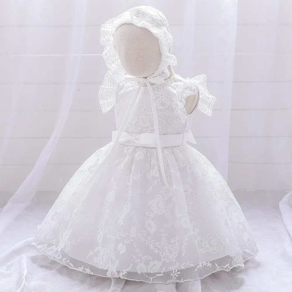 Lito Angels Vestito Abito Bianco Ricamato da Battesimo con Cappello in Pizzo per Bimba Taglia 3-24 Mesi