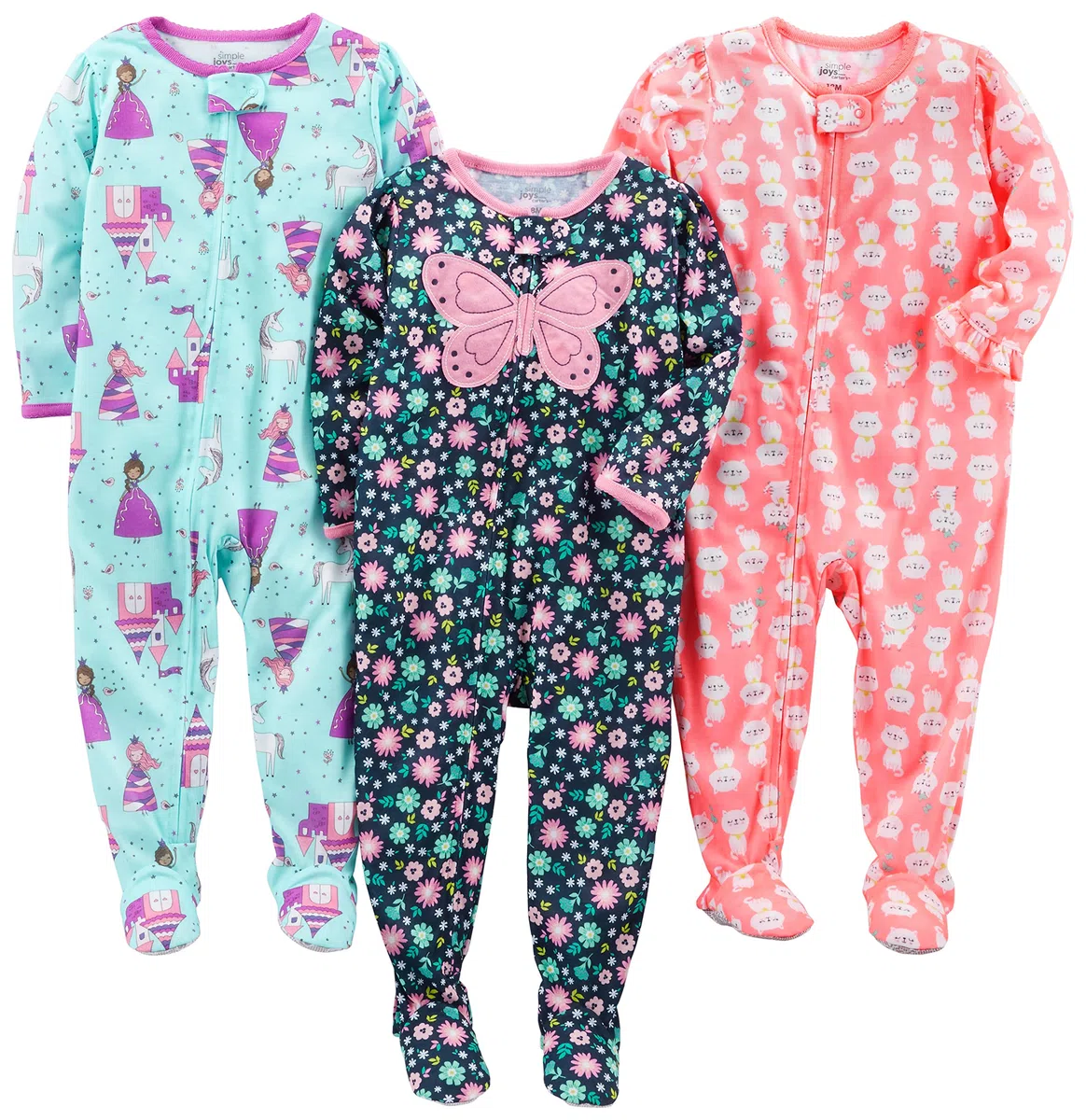 Simple Joys by Carter's 3-Pack Loose Fit Flame Resistant Polyester Jersey Footed Pajamas Sleepers per Neonati e Bambini Bimba 0-24 (Pacco da 3)