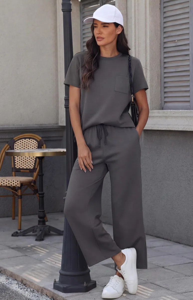 GRECERELLE Tuta da jogging da donna, estiva, a maniche corte, casual, girocollo, tasca sul petto, maglietta e pantaloni da jogging larghi, tuta da allenamento con tasche