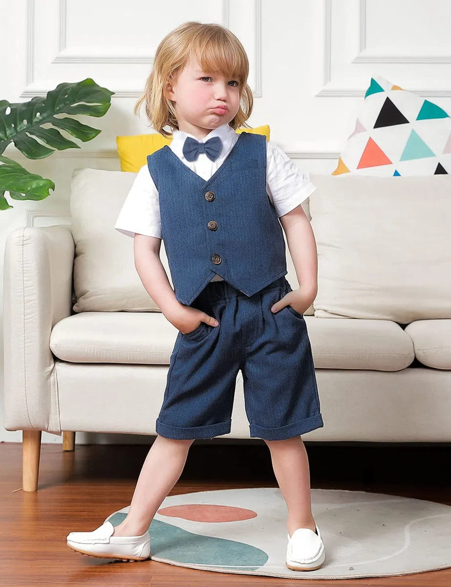 mintgreen Ragazzino Abito da Gentiluomo, 3pezzi Abbigliamento per Battesimo a Spina di Pesce Camicia + Gilet + Pantaloncini, 1-6 Anni