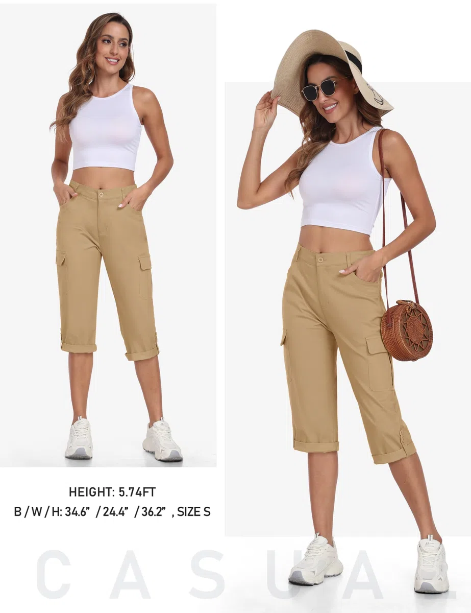 MoFiz Pantaloni Trekking Cargo Donna Cotone Estivi Pantaloni Montagna Shorts Sportivo Leggero Escursionismo con Tasche