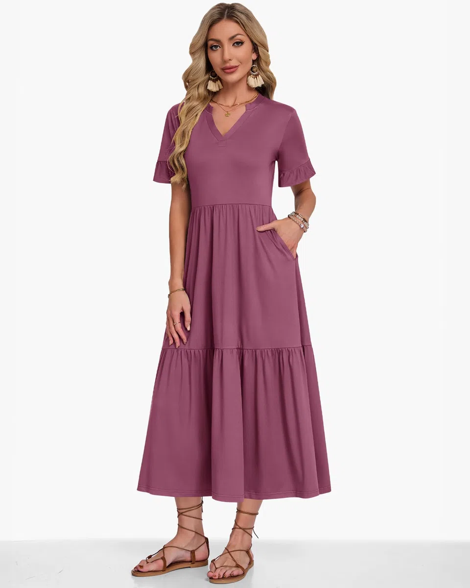 AUSELILY Vestito Donna Estivo Lungo Manica Corta a Volant Scollo V Vestito da Mare Spiaggia Lungo Abito Casual Elegante con Tasche