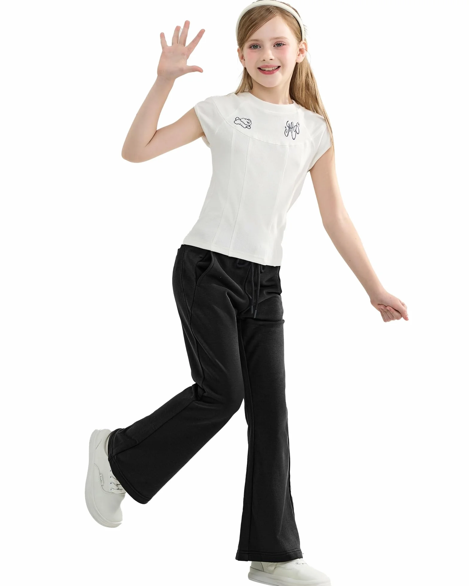 Rolanko Ragazze Jersey Pull Up Pantaloni, Bootcut Elastico in Vita Scuola Uniforme Pianura Svasata Pantaloni da Tuta
