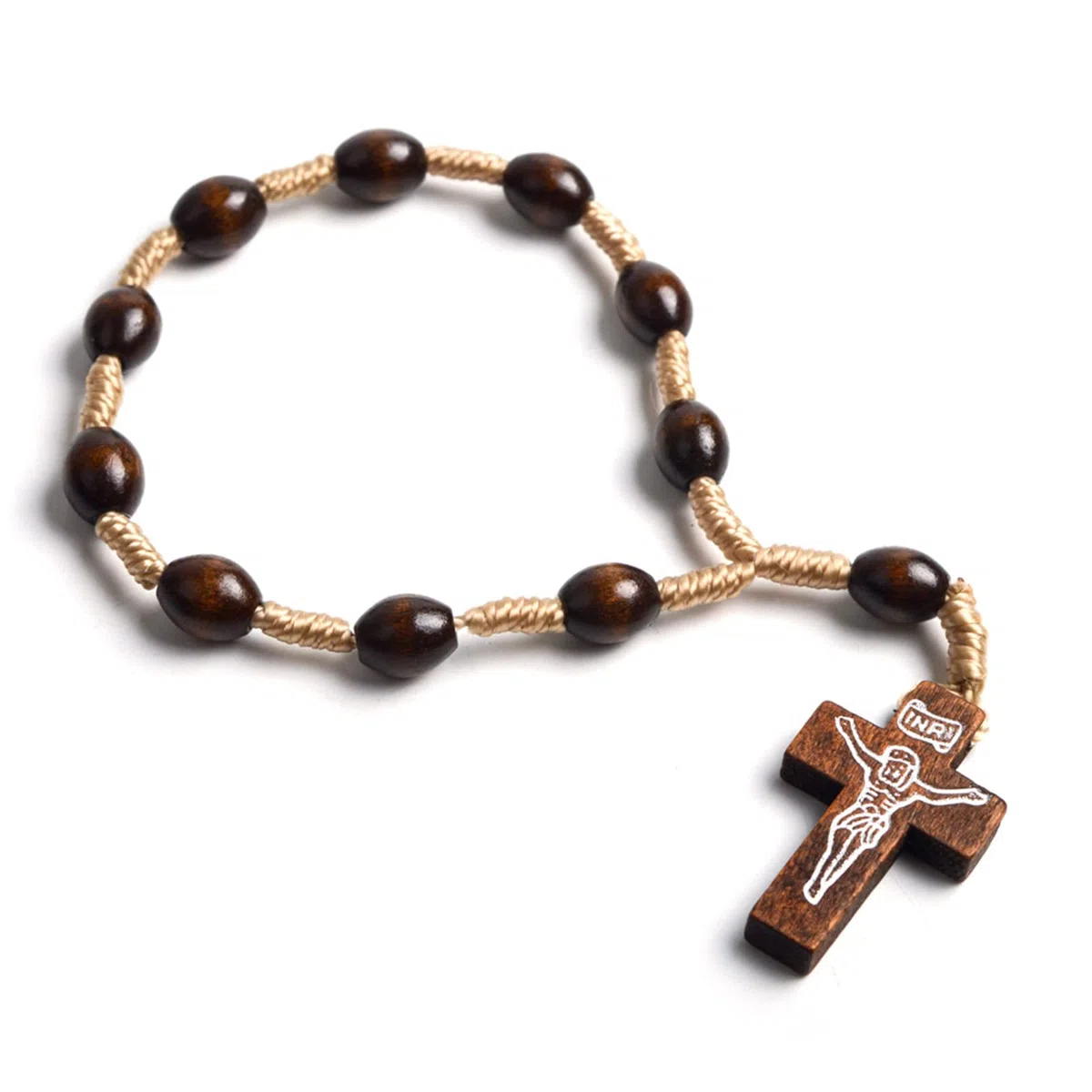 Bracciale Rosario Cattolico con Pendente Rosario Perline Legno Battesimo Comunione Dito