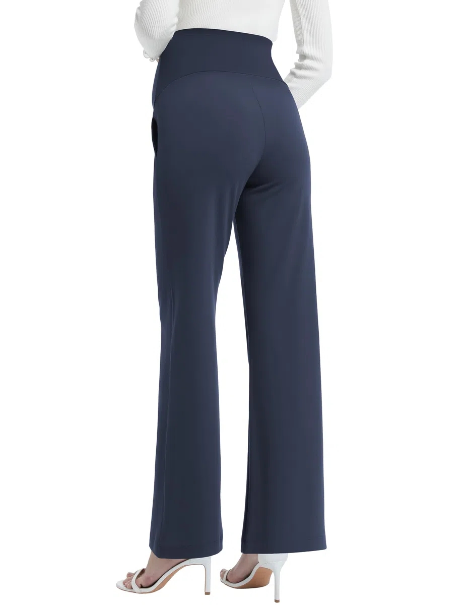 Pantaloni premaman da donna a gamba larga, a vita alta, elasticizzati, per ufficio, lavoro, lounge con tasche