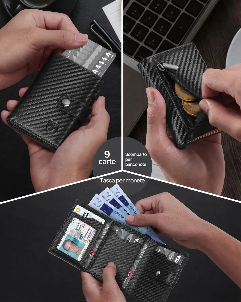 Portafoglio Uomo Slim RFID Blocking, Fibra di Carbonio Porta Carte di Credito Uomo - ID Window, Tasca Portamonete con Cerniera, Scomparto per Banconota, Confezione Regalo - Nero Arancione