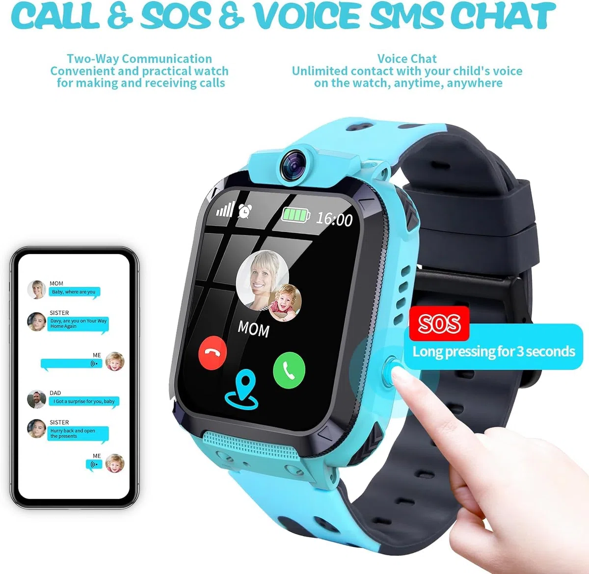 Smartwatch per Bambini con Chiamata, SOS, Calcolatrice, Giochi, Sveglia, Fotocamera, IP67 impermeabile, Modalità Silenziosa Regalo Adatto per Ragazze e Ragazzi Blu