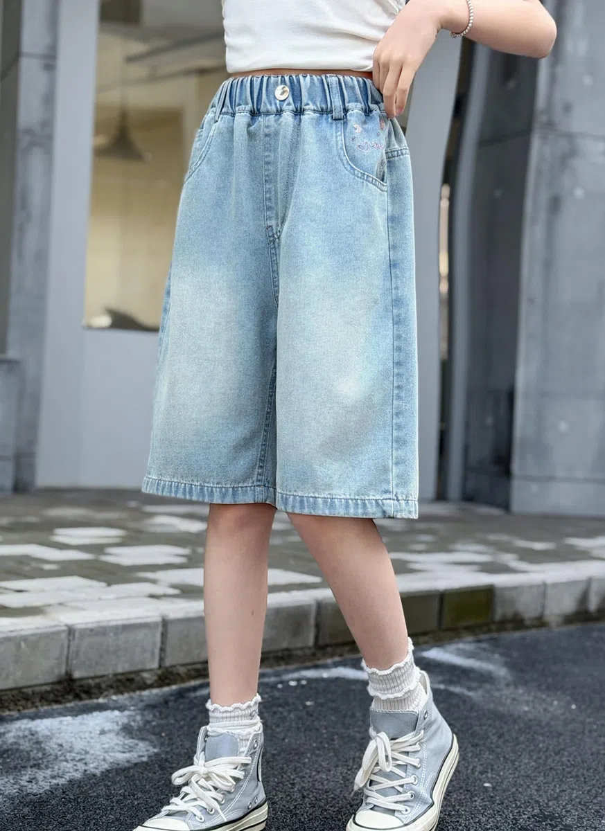 Rolanko Pantaloncini di Jeans per Ragazze, Vita Elastica Bermuda Gambe Larga Shorts Denim Estivi al Ginocchio