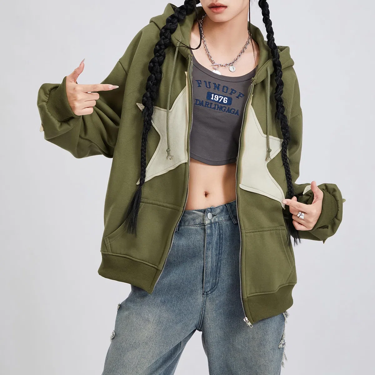 Felpa con cappuccio da donna Y2K con zip e stampa a stelle felpe oversize Fairy Grunge Graphic Giacca con cappuccio Harajuku Estetica E-Girls Streetwear
