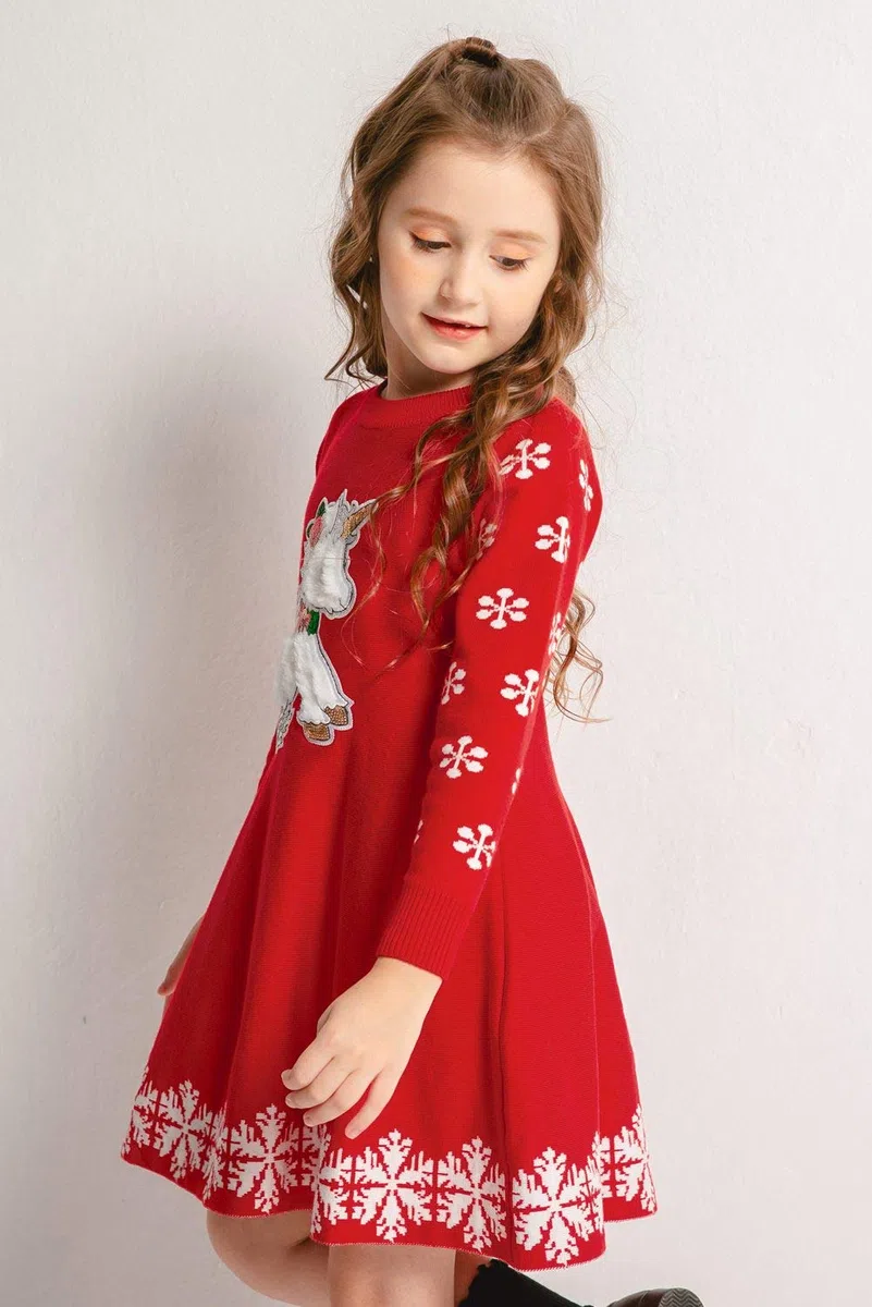 SMILING PINKER Abiti Bambina Maniche Lunghe Natalizio Bambini Lavorano Maglia Casual Cervo per Abito Altalena Autunno Inverno