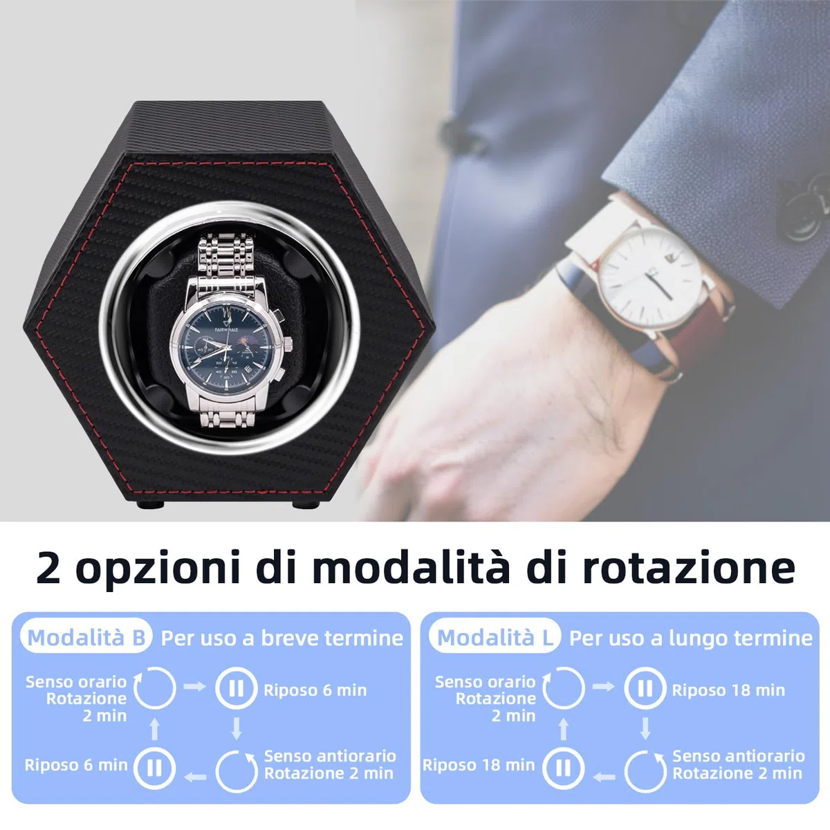 Mcbazel Caricatore automatico per orologio, in pelle PU, per 1 orologio, con motore silenzioso, alimentato tramite USB C